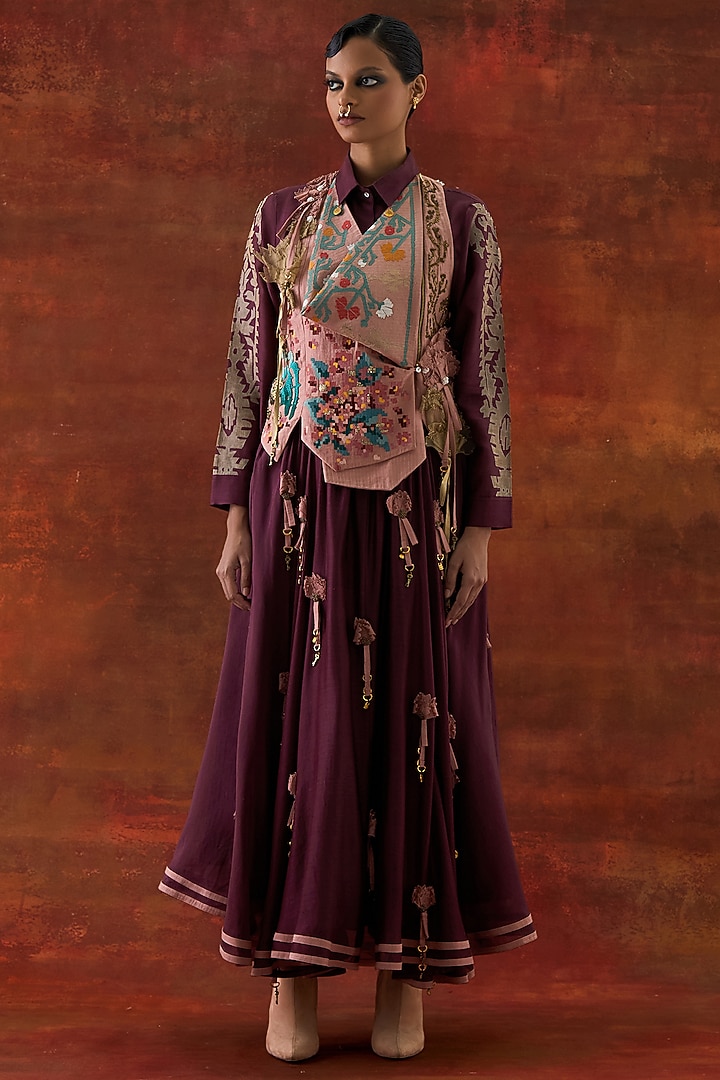 Wine & Old Rose Silk Chanderi Embroidered Jacket Set by Jajaabor at Pernia's Pop Up Shop