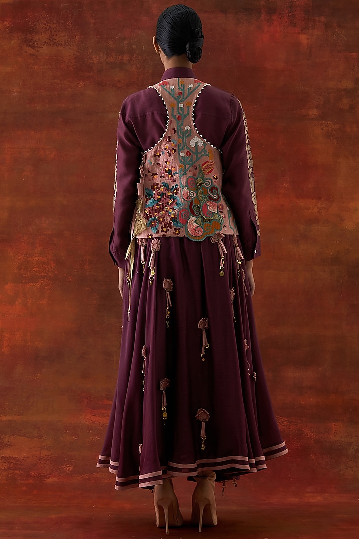Wine & Old Rose Silk Chanderi Embroidered Jacket Set by Jajaabor at Pernia's Pop Up Shop