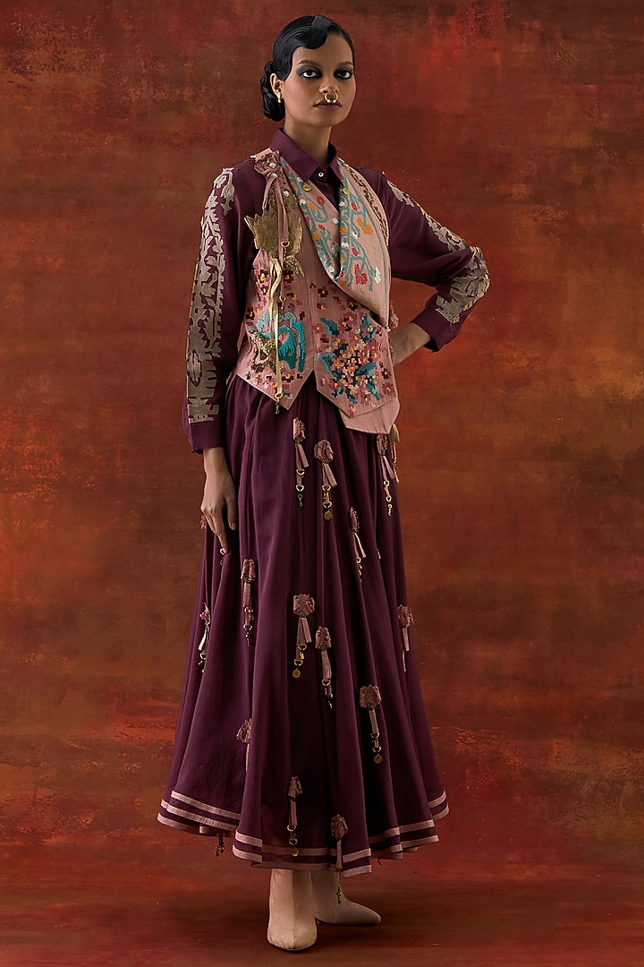 Wine & Old Rose Silk Chanderi Embroidered Jacket Set by Jajaabor at Pernia's Pop Up Shop