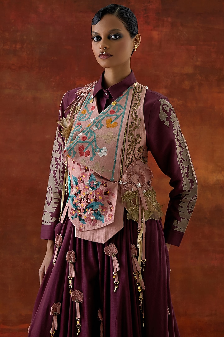 Wine & Old Rose Silk Chanderi Embroidered Jacket Set by Jajaabor at Pernia's Pop Up Shop
