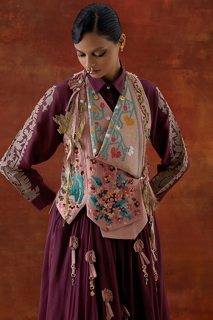 Wine & Old Rose Silk Chanderi Embroidered Jacket Set by Jajaabor at Pernia's Pop Up Shop