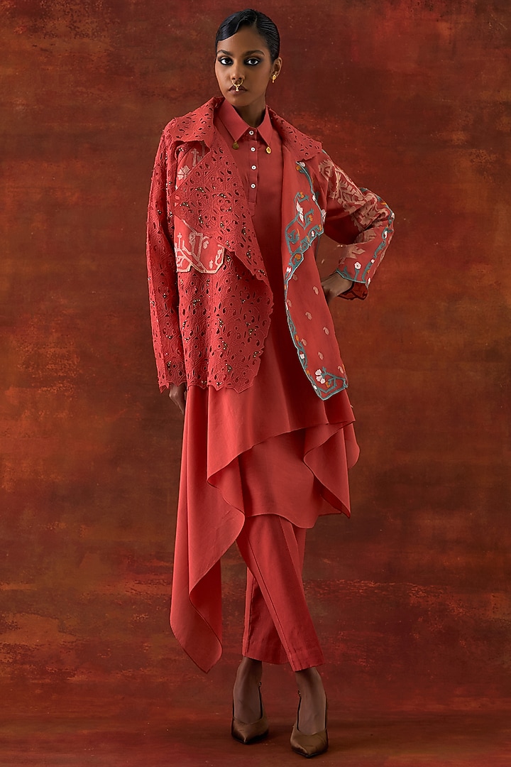 Coral Organza Embroidered Jacket Set by Jajaabor at Pernia's Pop Up Shop