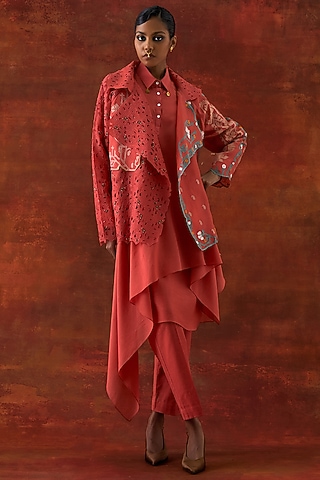 Coral Organza Embroidered Jacket Set by Jajaabor
