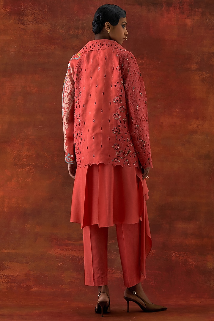 Coral Organza Embroidered Jacket Set by Jajaabor at Pernia's Pop Up Shop