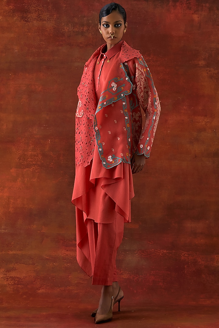 Coral Organza Embroidered Jacket Set by Jajaabor at Pernia's Pop Up Shop