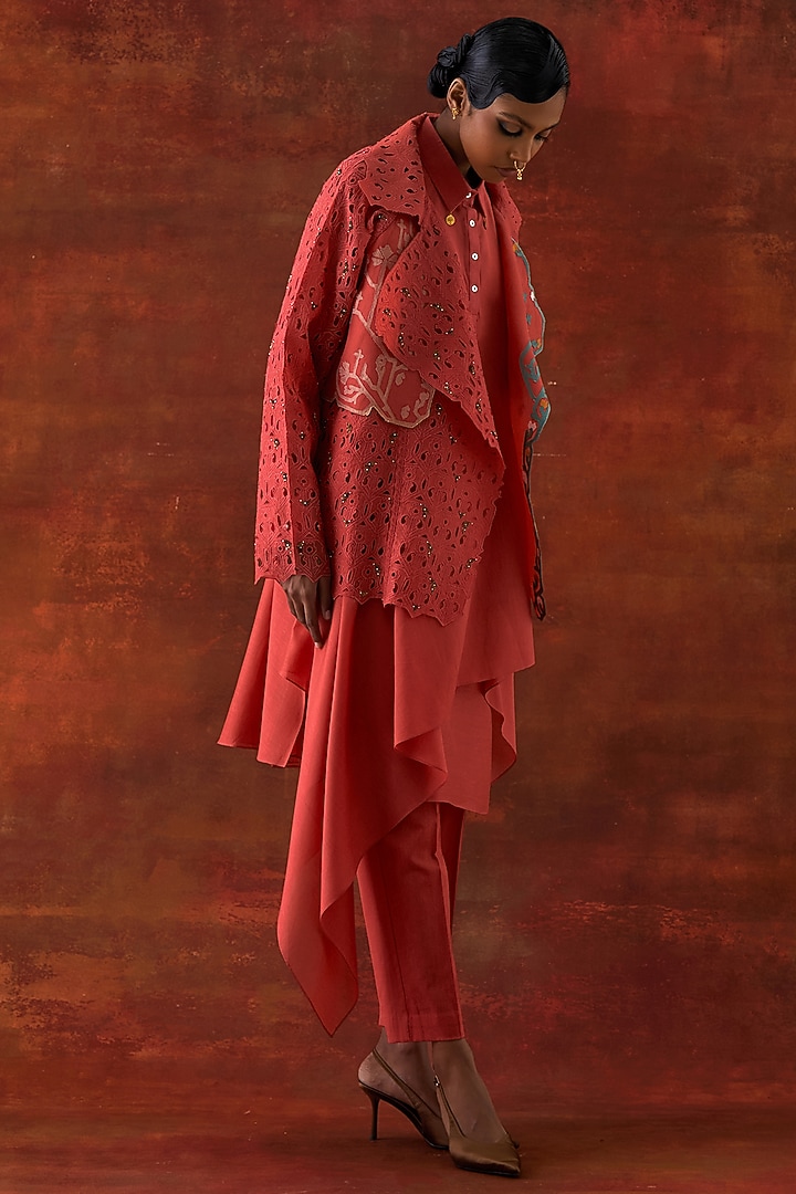 Coral Organza Embroidered Jacket Set by Jajaabor at Pernia's Pop Up Shop