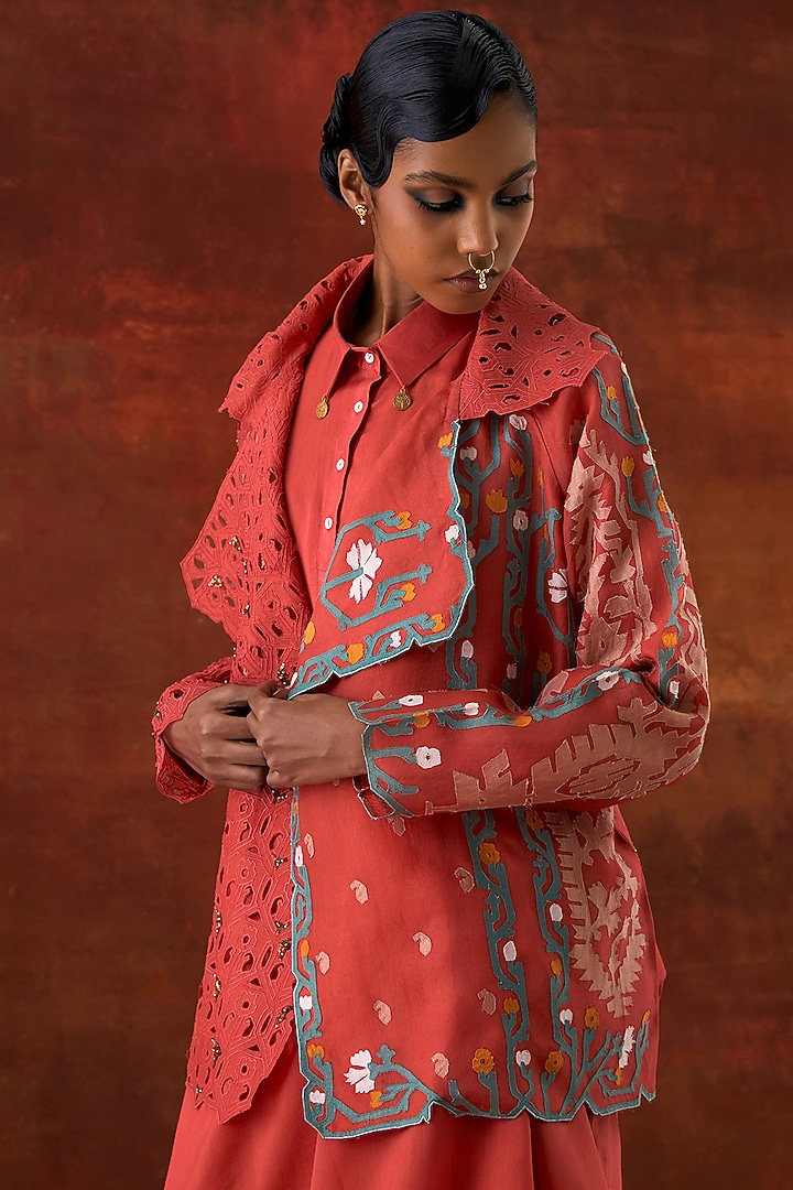 Coral Organza Embroidered Jacket Set by Jajaabor at Pernia's Pop Up Shop