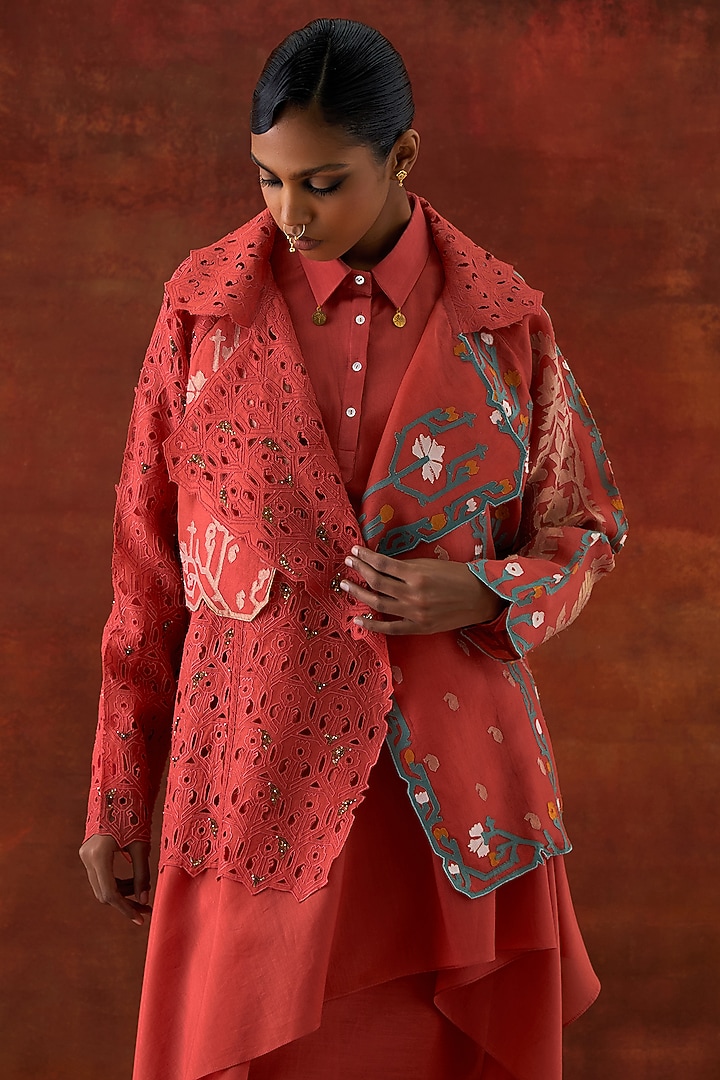 Coral Organza Embroidered Jacket Set by Jajaabor at Pernia's Pop Up Shop