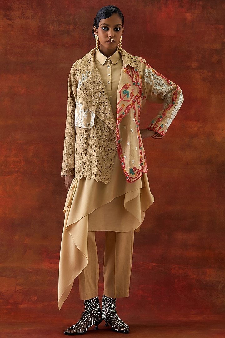 Gold Organza Embroidered Jacket Set by Jajaabor at Pernia's Pop Up Shop