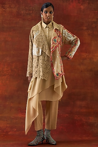 Gold Organza Embroidered Jacket Set by Jajaabor