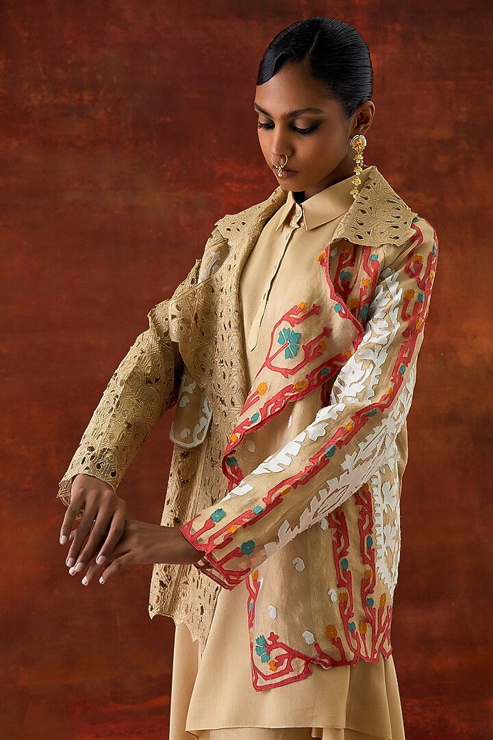 Gold Organza Embroidered Jacket Set by Jajaabor at Pernia's Pop Up Shop