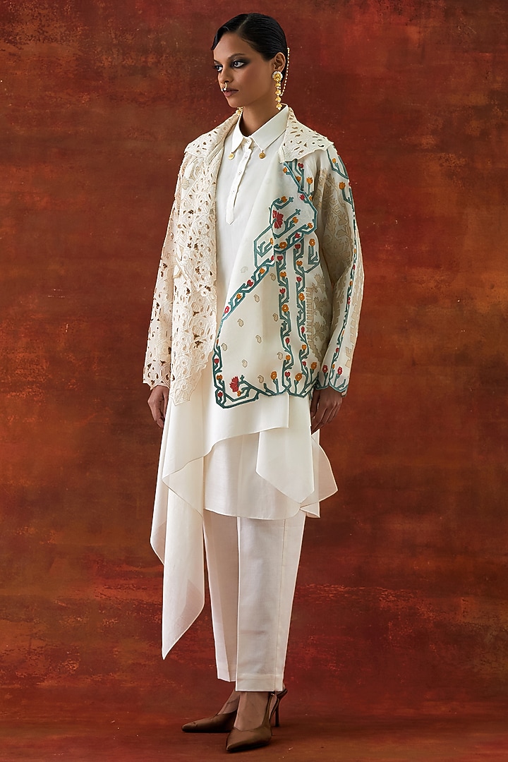 Ivory Organza Embroidered Jacket Set by Jajaabor at Pernia's Pop Up Shop