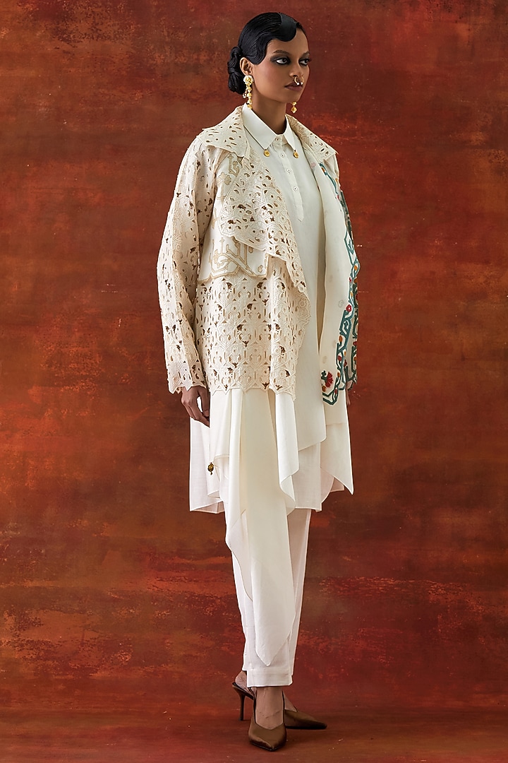 Ivory Organza Embroidered Jacket Set by Jajaabor at Pernia's Pop Up Shop