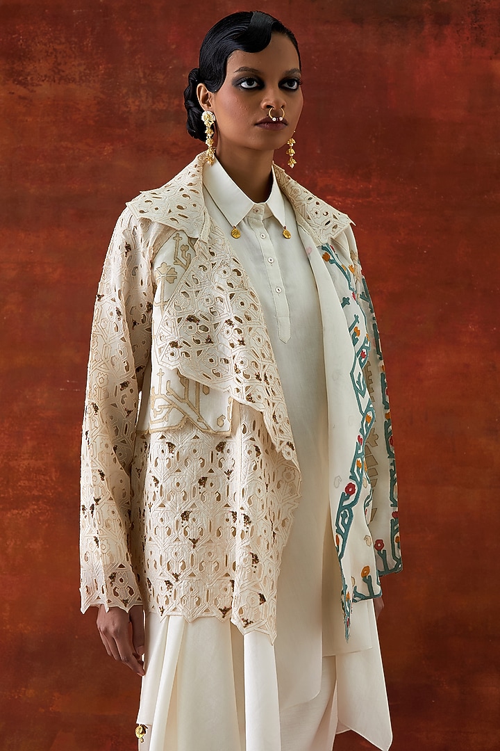 Ivory Organza Embroidered Jacket Set by Jajaabor at Pernia's Pop Up Shop