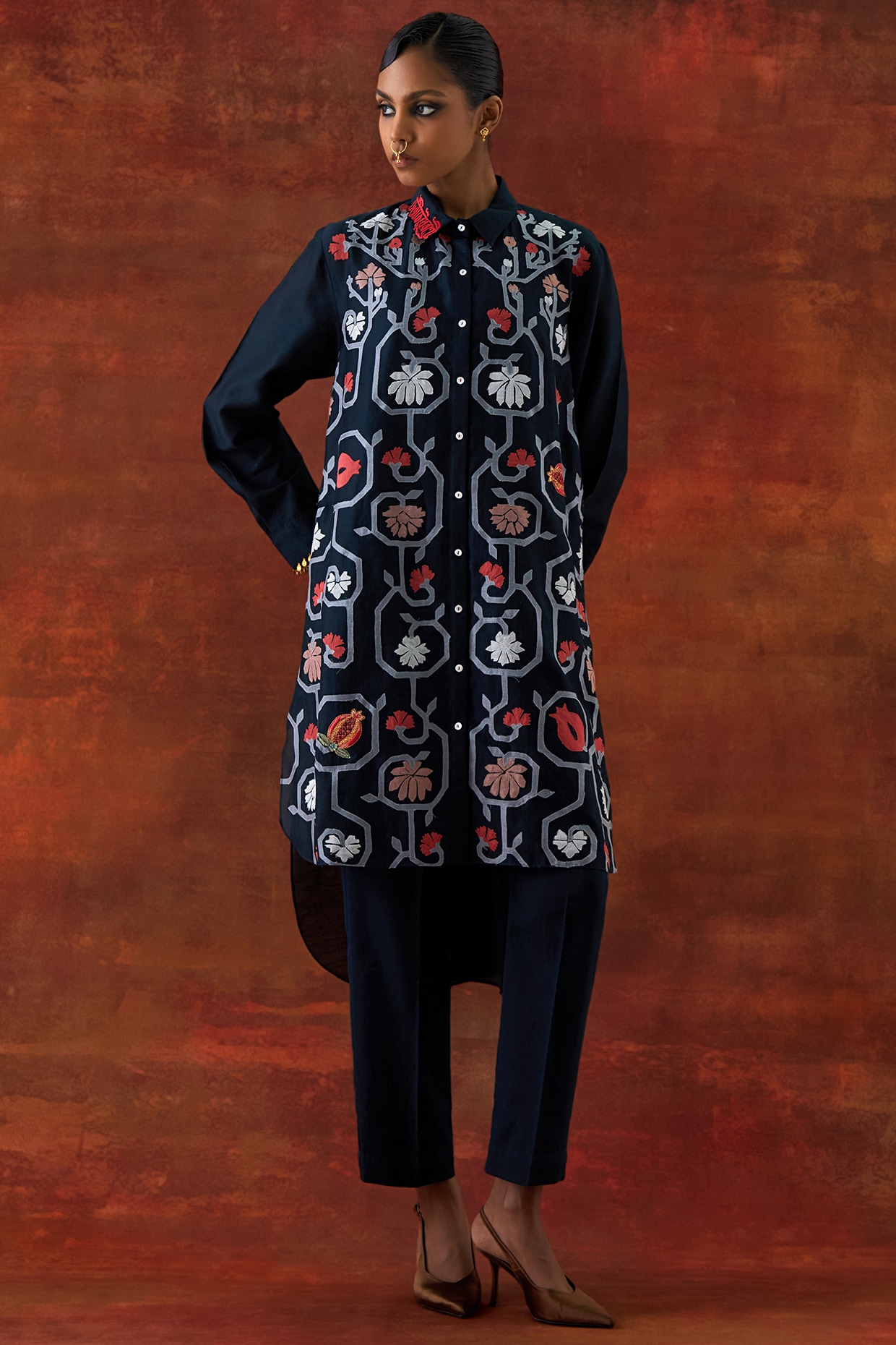 Jajaabor Indigo Silk Chanderi Embroidered Co-Ord Set