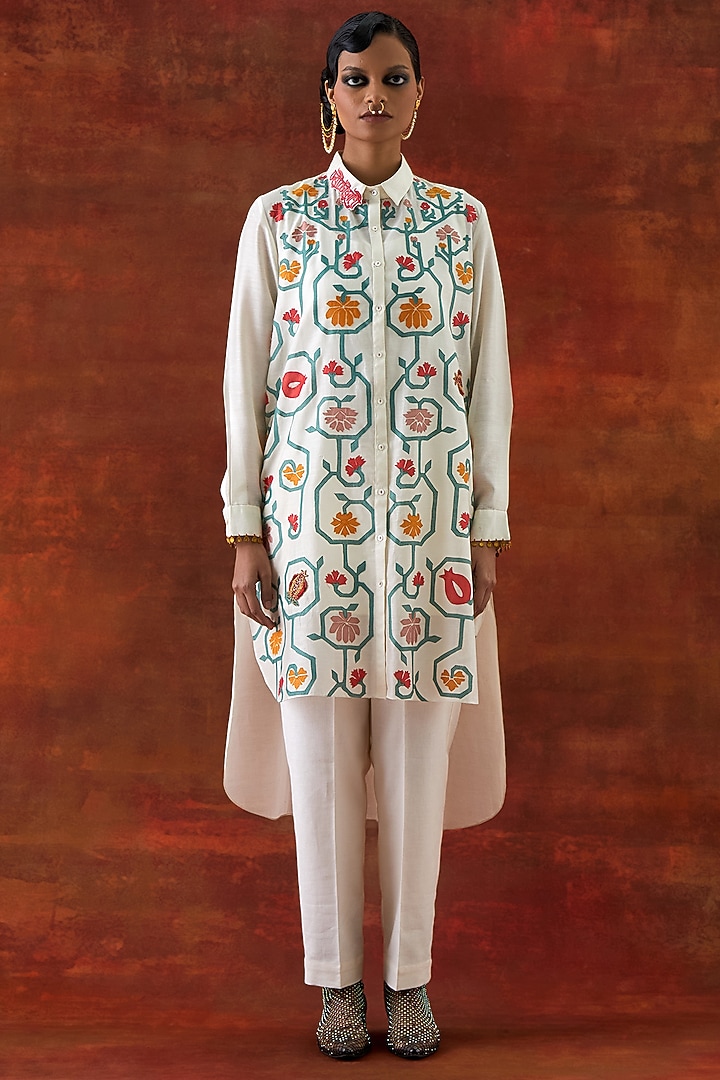Ivory Silk Chanderi Embroidered Co-Ord Set by Jajaabor at Pernia's Pop Up Shop