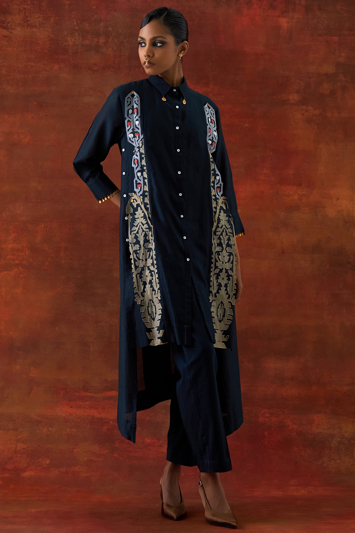 Jajaabor Indigo Silk Chanderi Embroidered Co-Ord Set