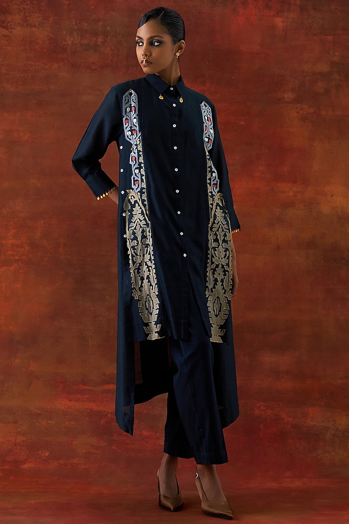 Indigo Silk Chanderi Embroidered Co-Ord Set by Jajaabor at Pernia's Pop Up Shop