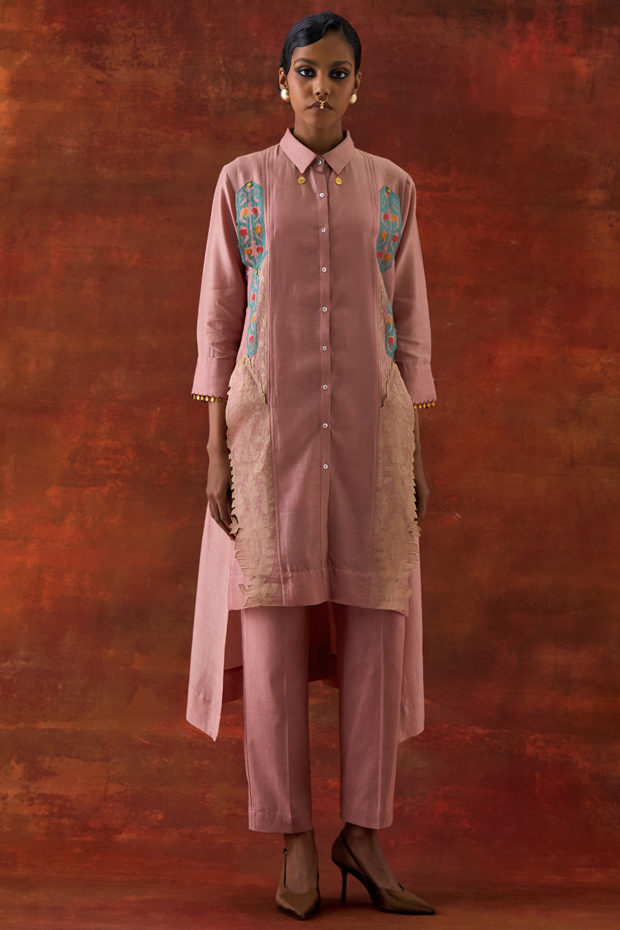 Jajaabor Old Rose Silk Chanderi Pleated Co-Ord Set