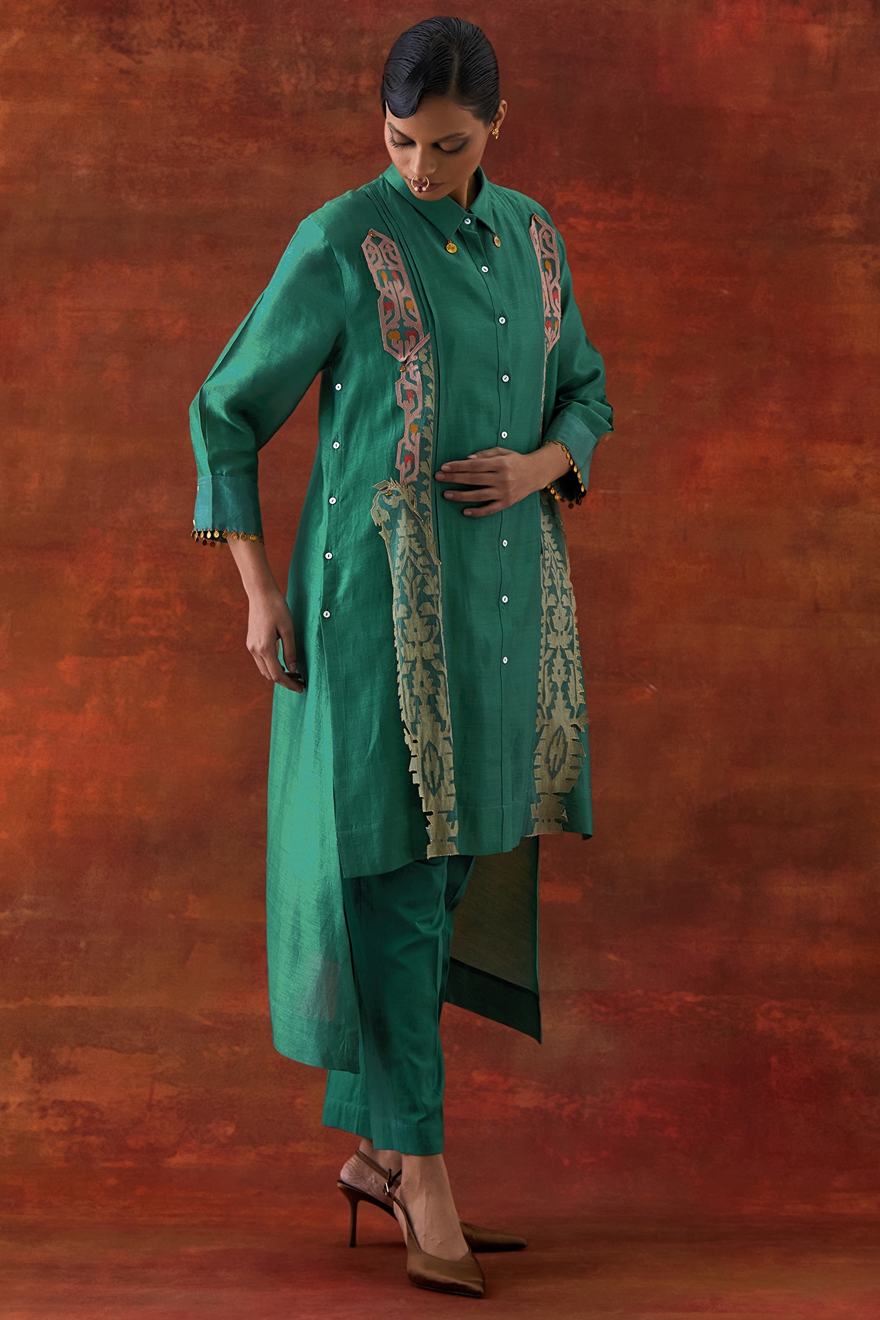 Jajaabor Teal Silk Chanderi Pleated Co-Ord Set