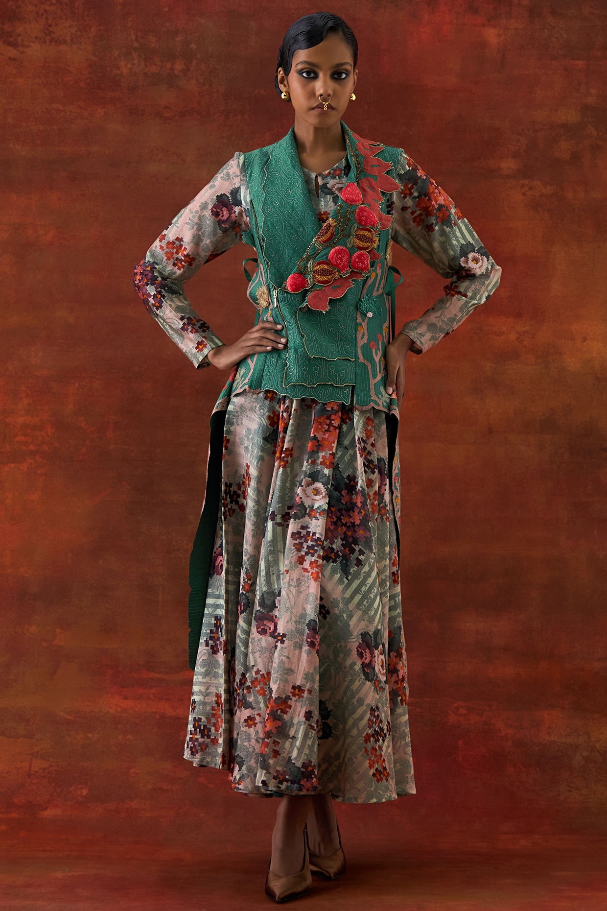 Jajaabor Ivory Silk Chanderi Printed Anarkali Set