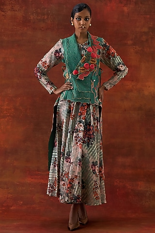 Ivory Silk Chanderi Printed Anarkali Set by Jajaabor