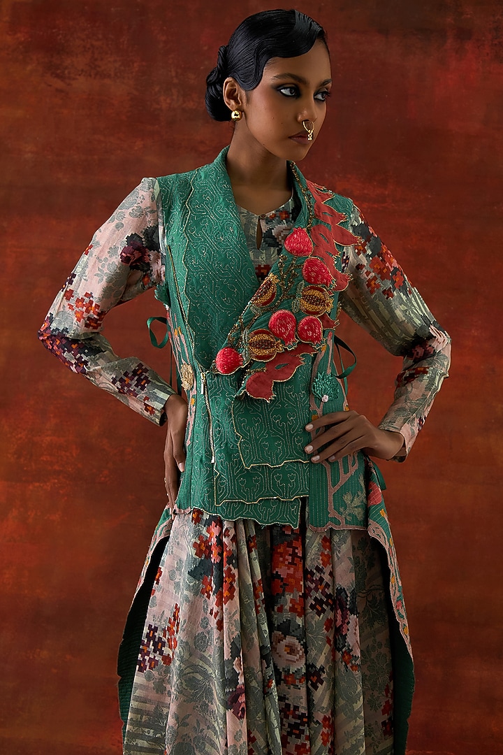 Ivory Silk Chanderi Printed Wedding Anarkali Set by Jajaabor at Pernia's Pop Up Shop