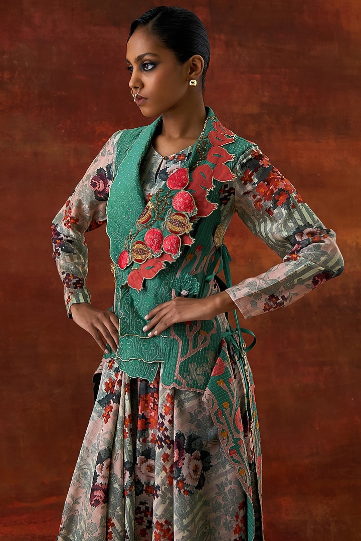 Ivory Silk Chanderi Printed Wedding Anarkali Set by Jajaabor at Pernia's Pop Up Shop