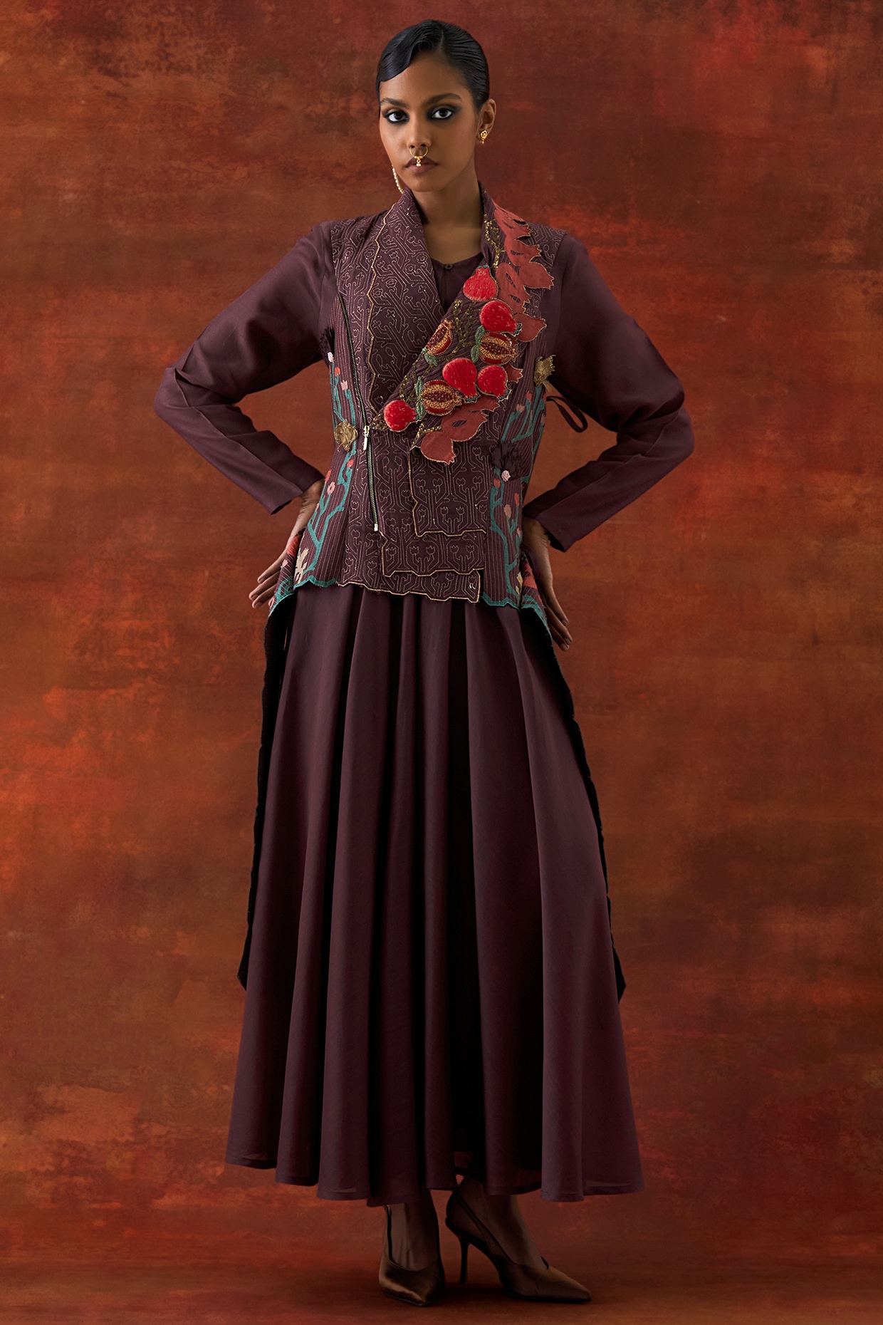 Jajaabor Wine Silk Chanderi Printed Anarkali Set