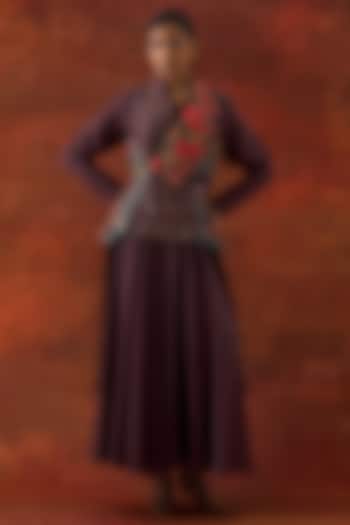 Wine Silk Chanderi Printed Wedding Anarkali Set by Jajaabor at Pernia's Pop Up Shop