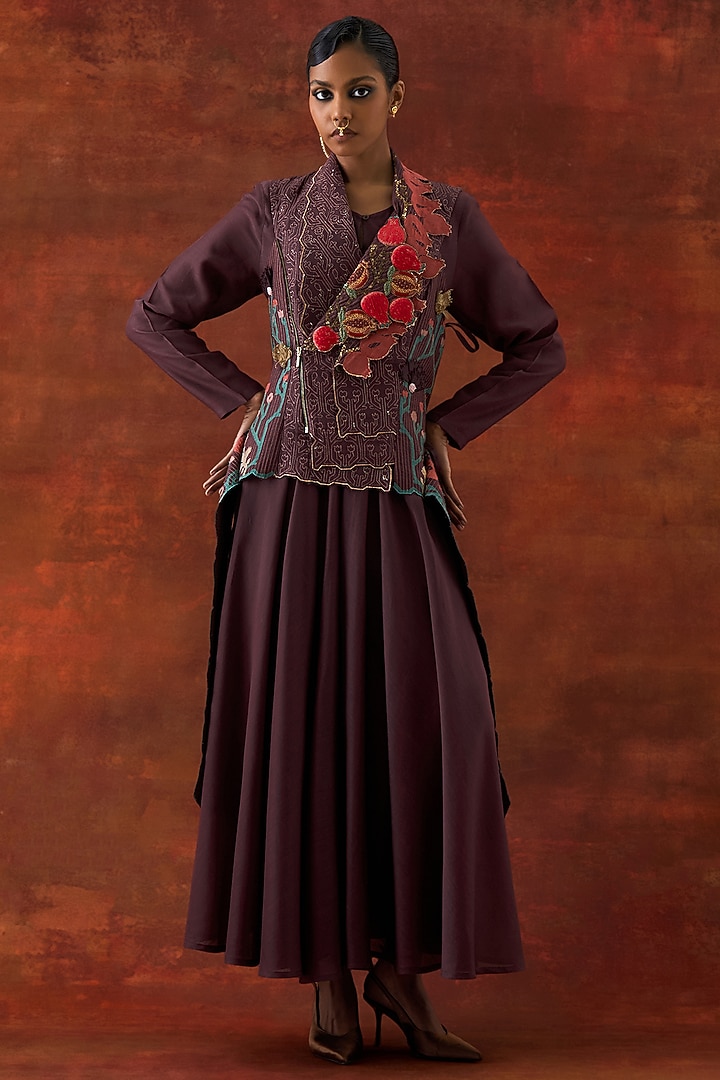 Wine Silk Chanderi Printed Wedding Anarkali Set by Jajaabor at Pernia's Pop Up Shop