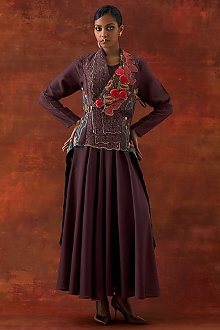 Wine Silk Chanderi Printed Anarkali Set by Jajaabor