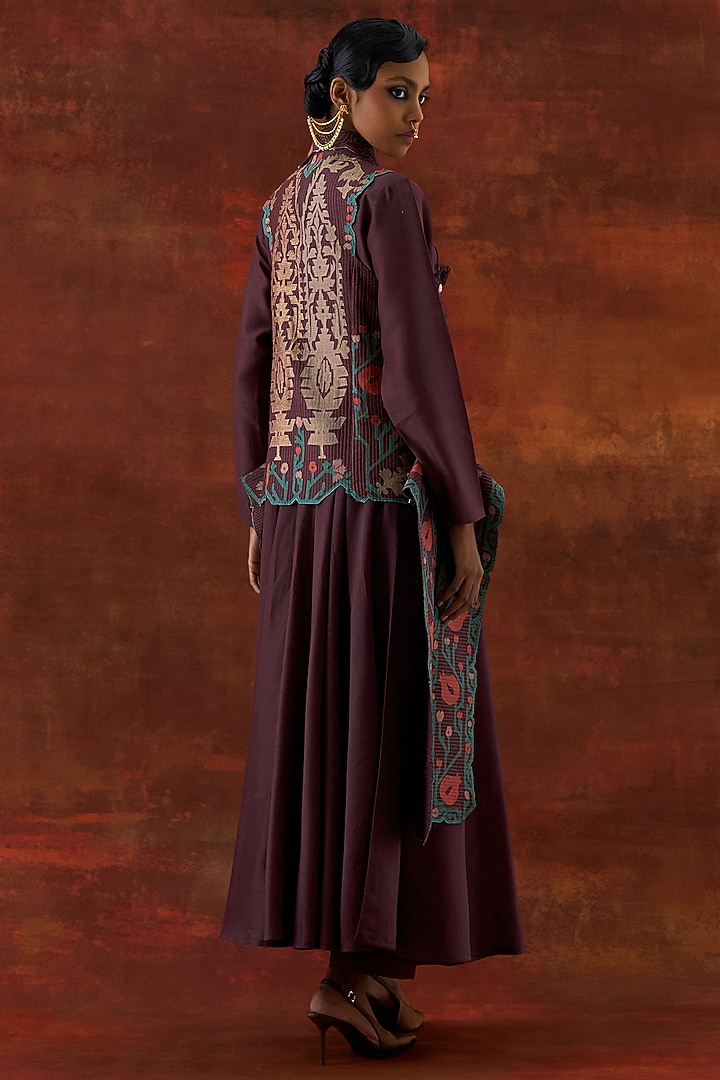 Wine Silk Chanderi Printed Wedding Anarkali Set by Jajaabor at Pernia's Pop Up Shop