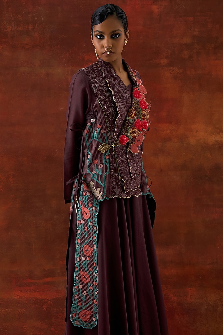 Wine Silk Chanderi Printed Wedding Anarkali Set by Jajaabor at Pernia's Pop Up Shop