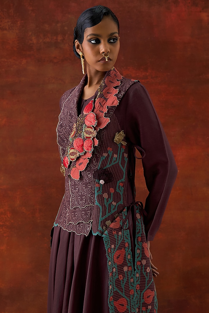 Wine Silk Chanderi Printed Wedding Anarkali Set by Jajaabor at Pernia's Pop Up Shop