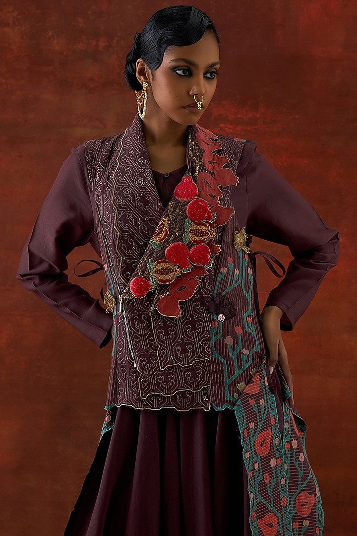 Wine Silk Chanderi Printed Wedding Anarkali Set by Jajaabor at Pernia's Pop Up Shop