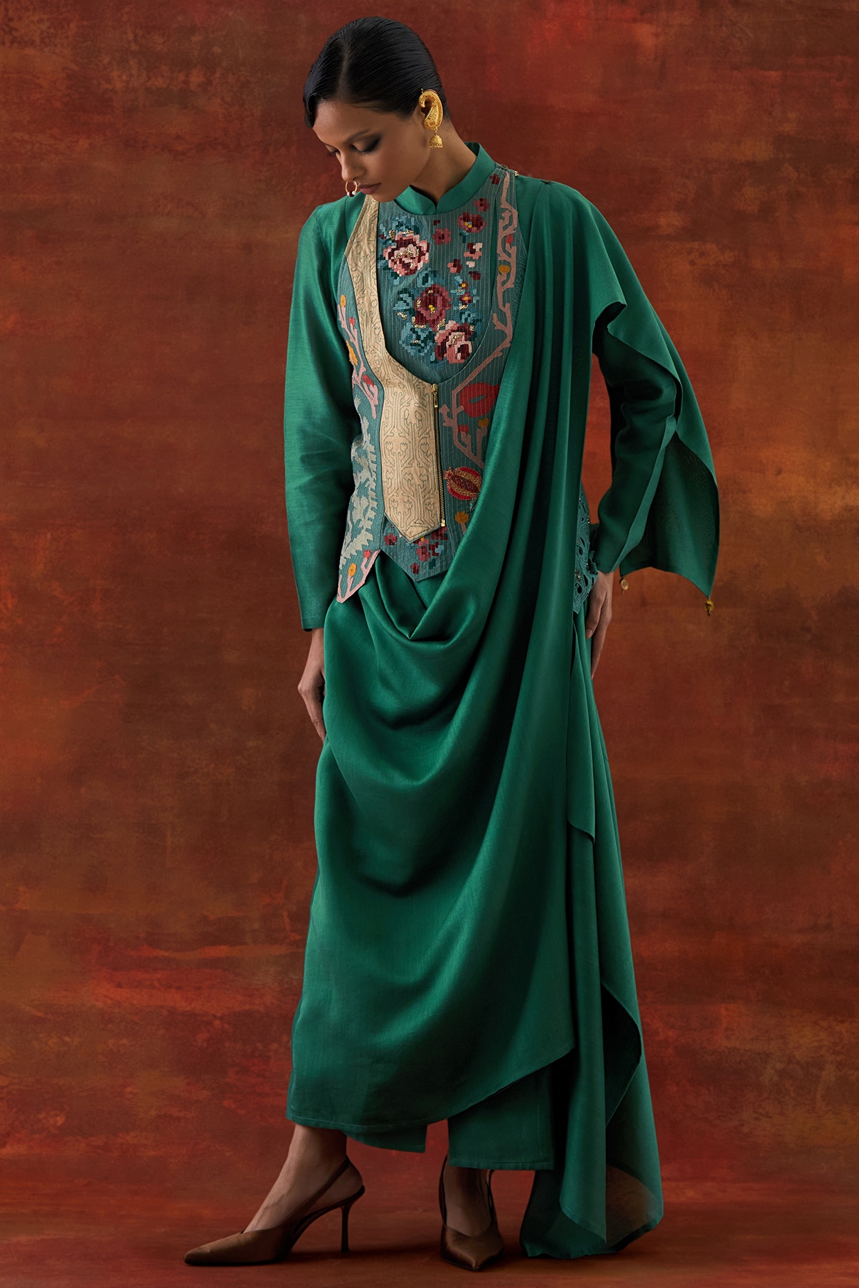 Jajaabor Teal Silk Chanderi Angrakha-Style Jacket Set