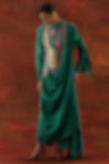Teal Silk Chanderi Angrakha-Style Jacket Set by Jajaabor at Pernia's Pop Up Shop