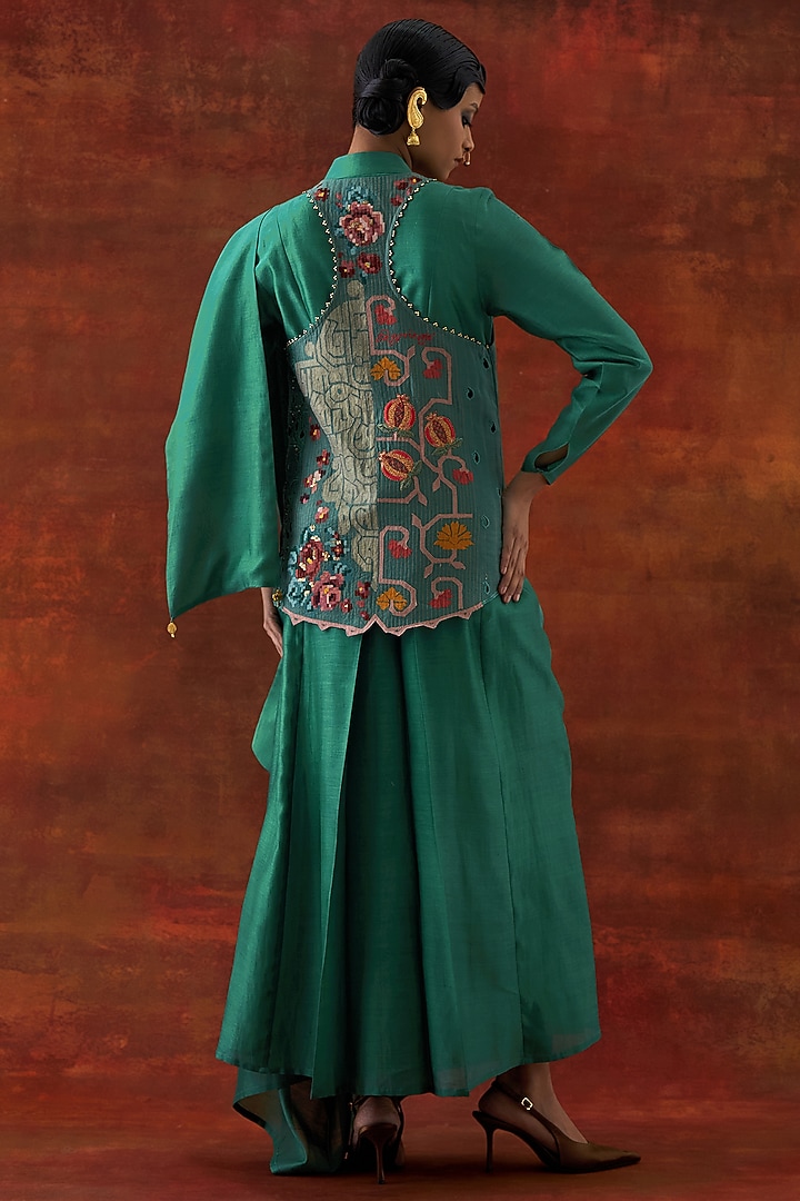 Teal Silk Chanderi Angrakha-Style Jacket Set by Jajaabor at Pernia's Pop Up Shop