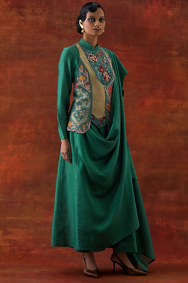 Teal Silk Chanderi Angrakha-Style Jacket Set by Jajaabor at Pernia's Pop Up Shop