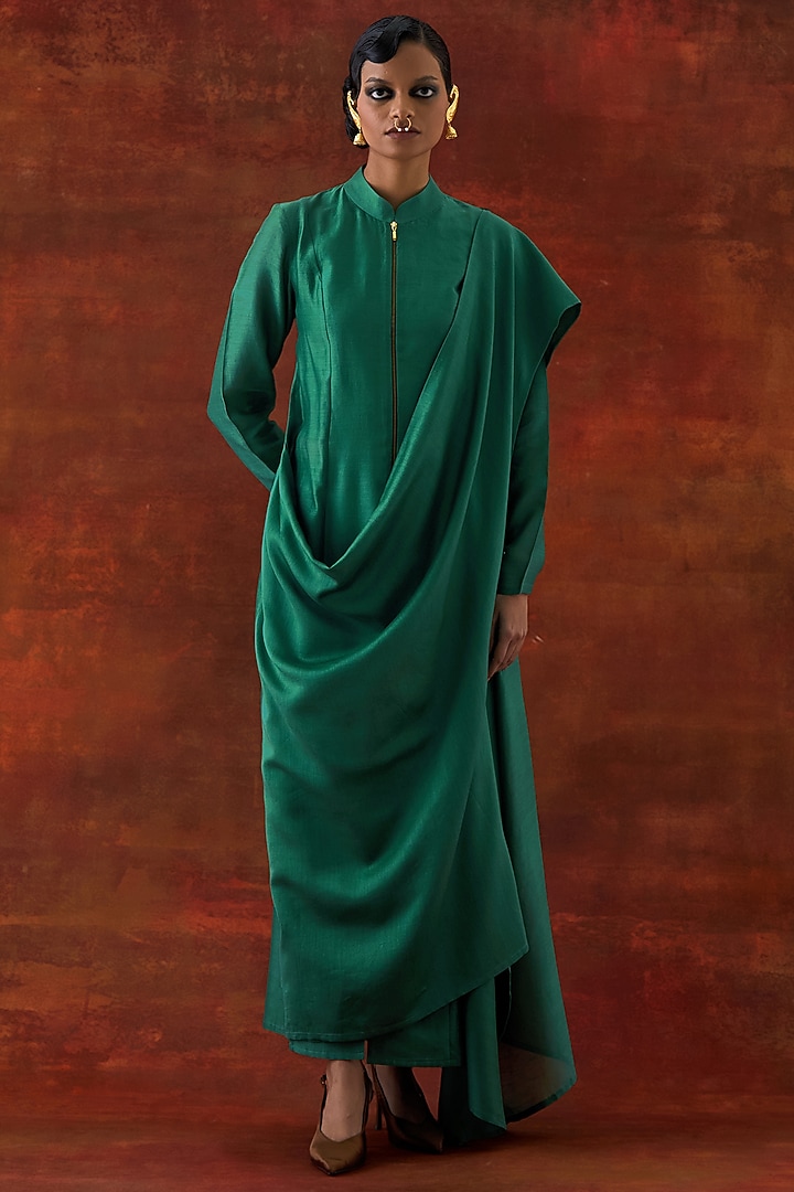 Teal Silk Chanderi Angrakha-Style Jacket Set by Jajaabor at Pernia's Pop Up Shop