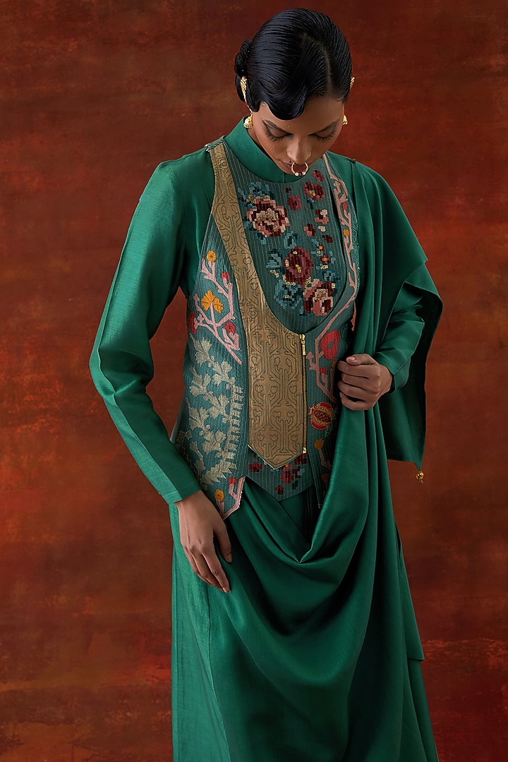 Teal Silk Chanderi Angrakha-Style Jacket Set by Jajaabor at Pernia's Pop Up Shop