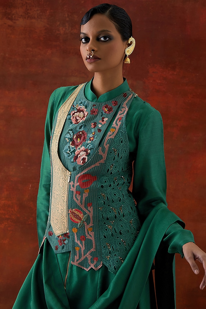 Teal Silk Chanderi Angrakha-Style Jacket Set by Jajaabor at Pernia's Pop Up Shop