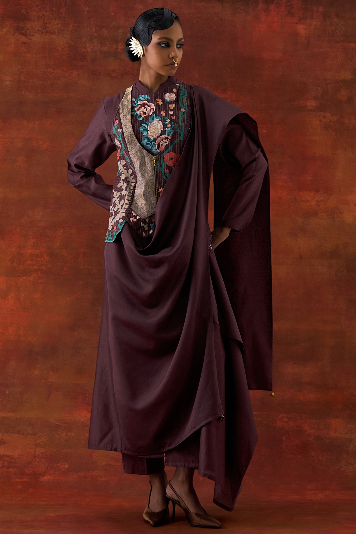 Jajaabor Wine Silk Chanderi Angrakha-Style Jacket Set