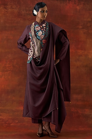 Wine Silk Chanderi Angrakha-Style Jacket Set by Jajaabor