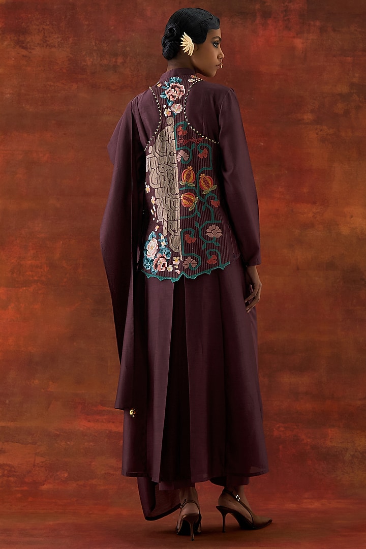 Wine Silk Chanderi Angrakha-Style Jacket Set by Jajaabor at Pernia's Pop Up Shop