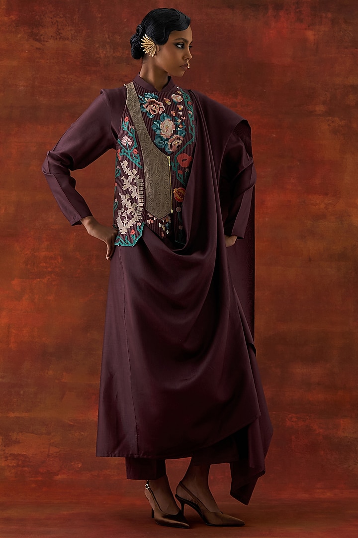 Wine Silk Chanderi Angrakha-Style Jacket Set by Jajaabor at Pernia's Pop Up Shop