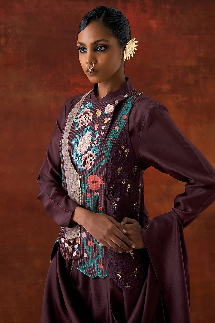 Wine Silk Chanderi Angrakha-Style Jacket Set by Jajaabor at Pernia's Pop Up Shop