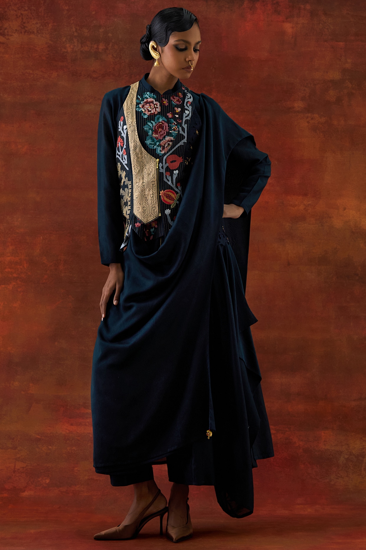 Jajaabor Indigo Silk Chanderi Angrakha-Style Jacket Set