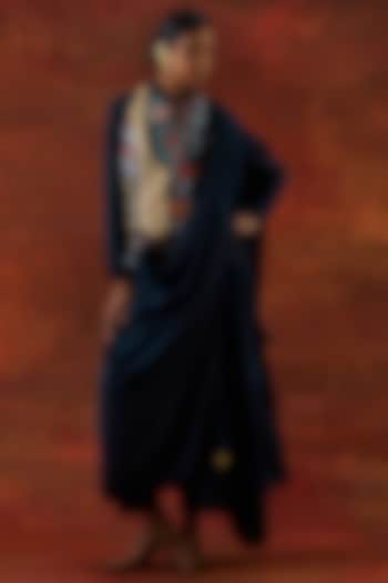 Indigo Silk Chanderi Angrakha-Style Jacket Set by Jajaabor at Pernia's Pop Up Shop